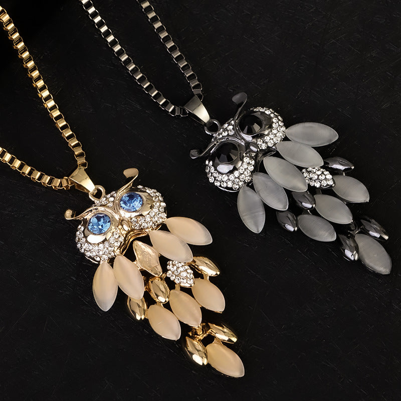 Creativity Design Diamond Long Sweater Chain Owl Necklace