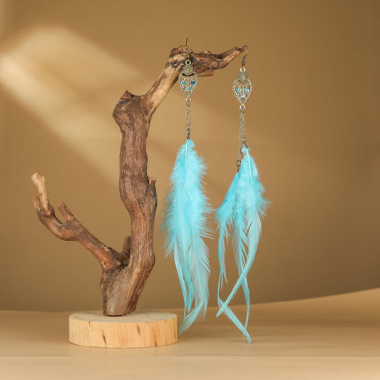 Hole Blue Long Retro Feather Drop-shaped Spot Earrings