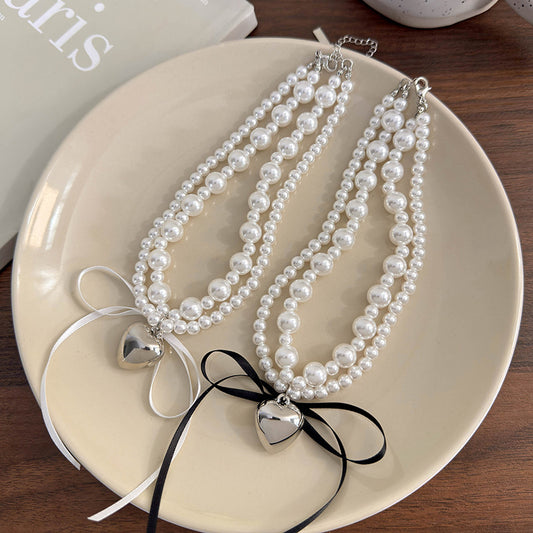 Luxury Minority Pearl Metal Heart Bowknot Ribbon Necklaces