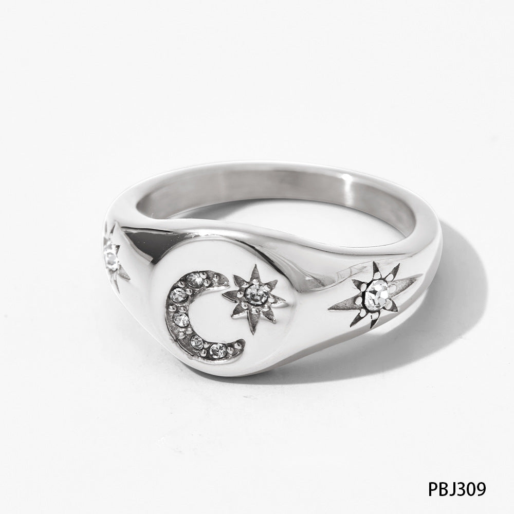 Stainless Steel Retro Star Moon Design Rings