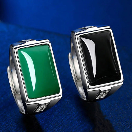 Men's Square Green Agate Ruby Vintage Emerald Rings