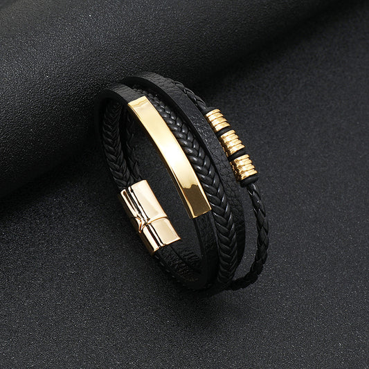 Men's Leather Woven String Stainless Steel Personality Bracelet