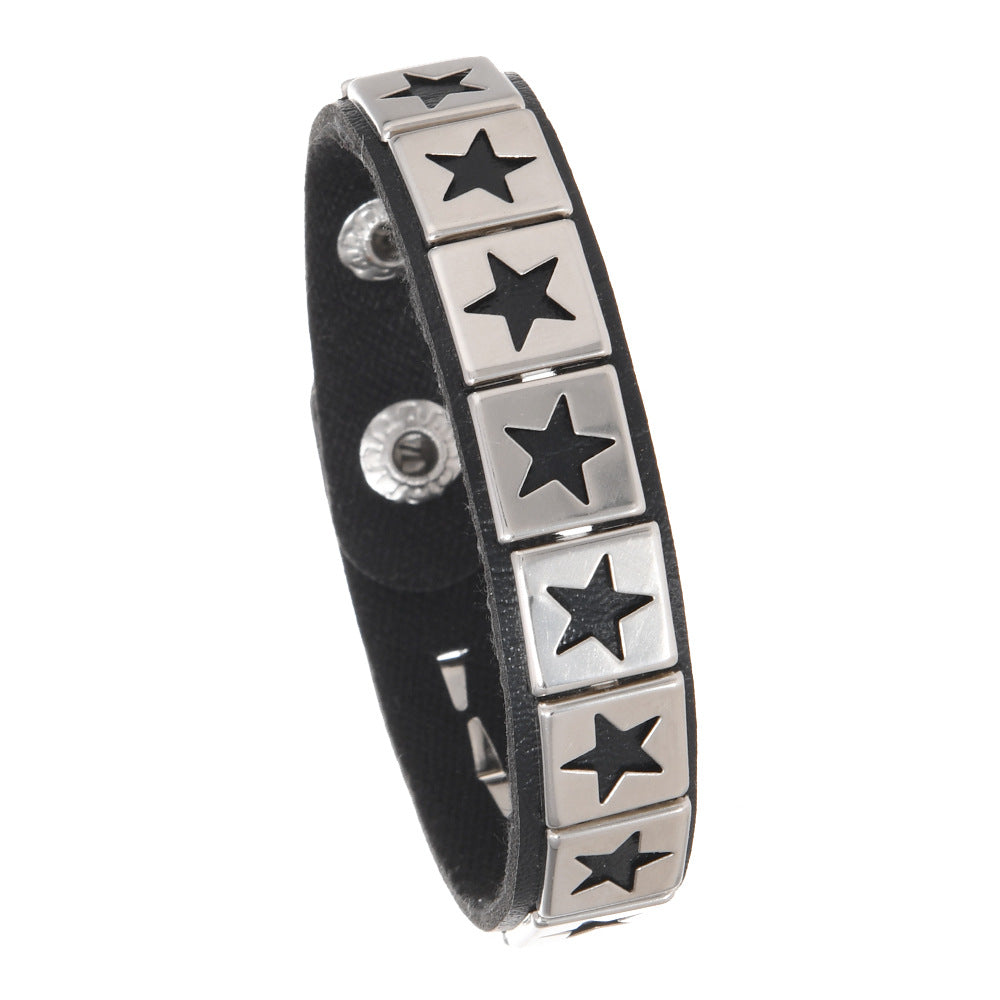 Men's Fashion Width Leather Domineering Personalized Alloy Five-pointed Bracelet