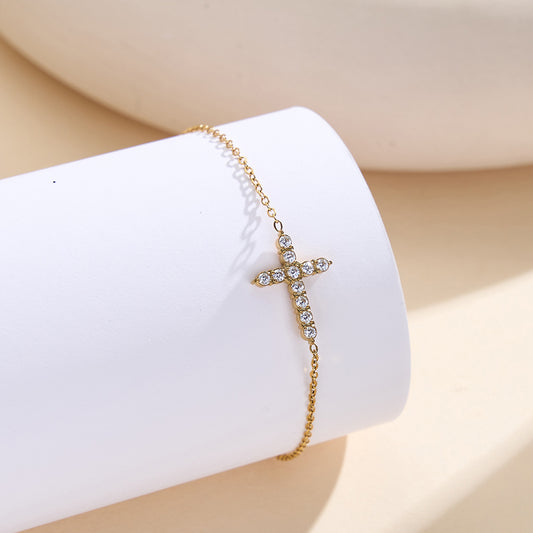 Cross Inlaid Zirconium Stainless Steel Gold Bracelet