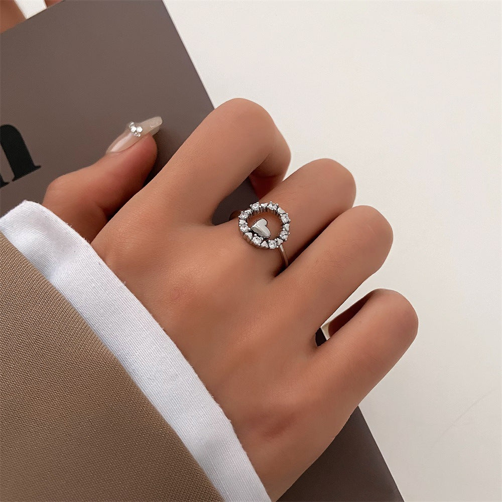 Vintage Zircon Loving Heart With Opening Adjustable Female Style Everyday Rings