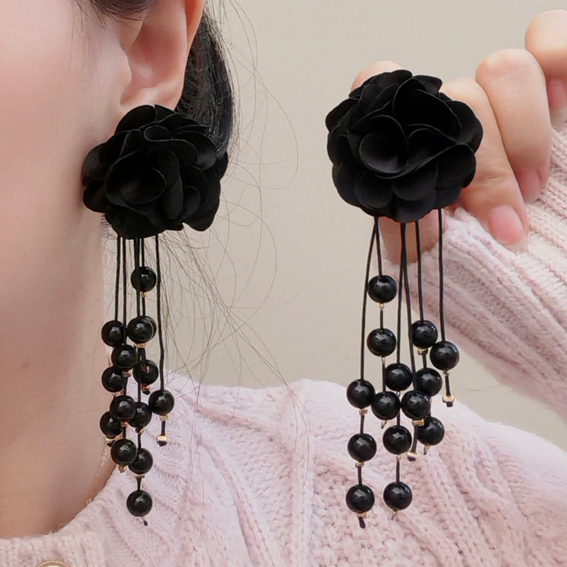 Exquisite Eye-catching Advanced Fabric Flower Beaded Tassel Long Rings