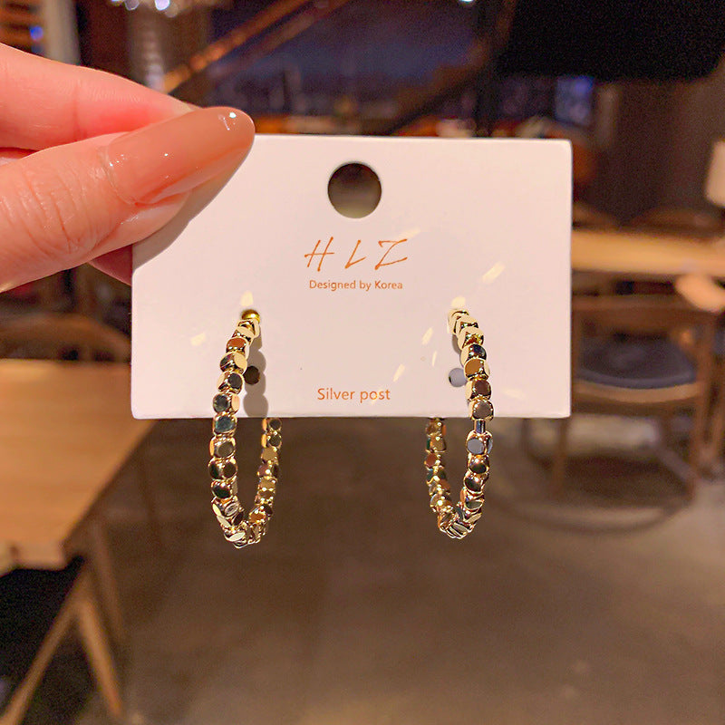 Metal Particles Beads Circle Ear Exaggerated Design Fashion Style Earrings