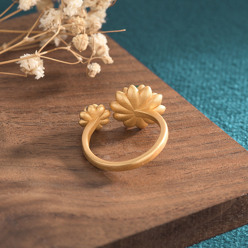 Women's Enamel Craft Lotus Chalcedony Agate Vintage Ring