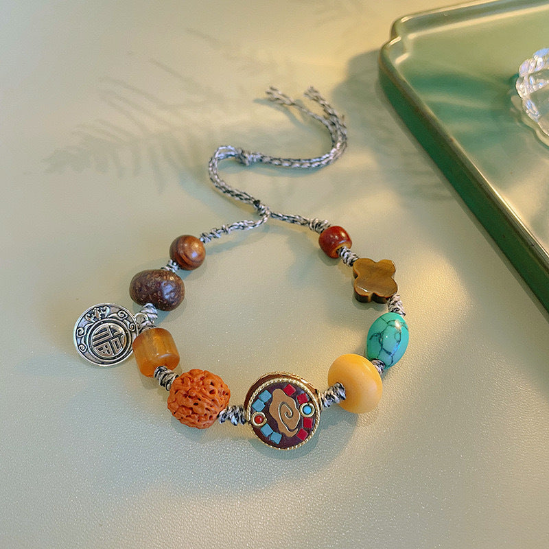 Women's & Men's Retro Ethnic Style Agate Ox Bone Rosary Bracelet