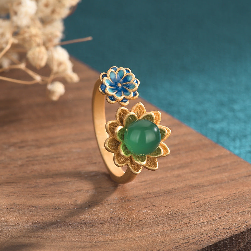 Women's Enamel Craft Lotus Chalcedony Agate Vintage Ring