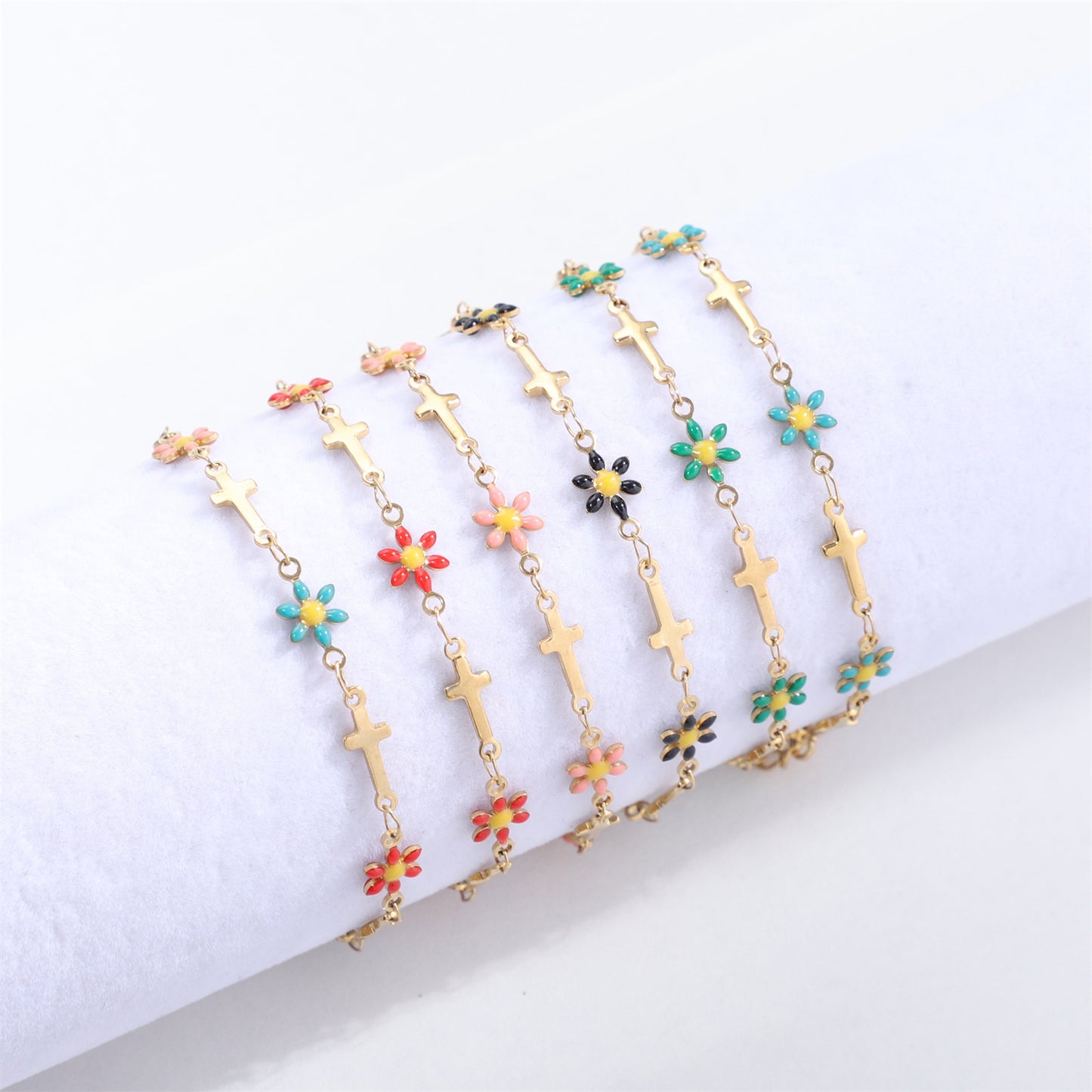 Gold Gaanized Enamel Colorful Oil Cross Chrysanthemum Unique Fashion Stainless Bracelet