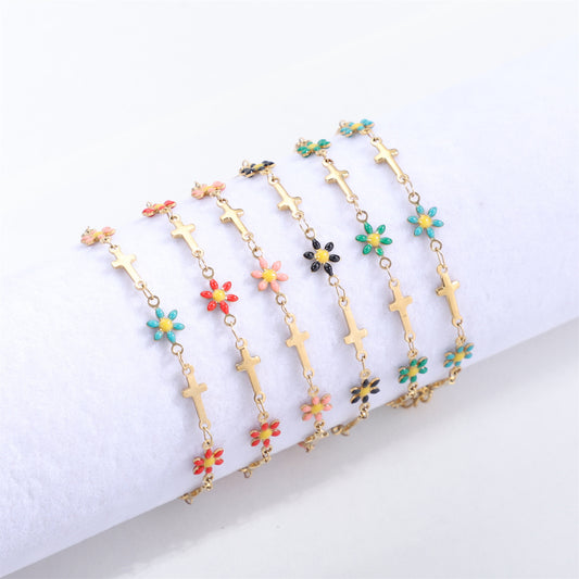 Gold Gaanized Enamel Colorful Oil Cross Chrysanthemum Unique Fashion Stainless Bracelet