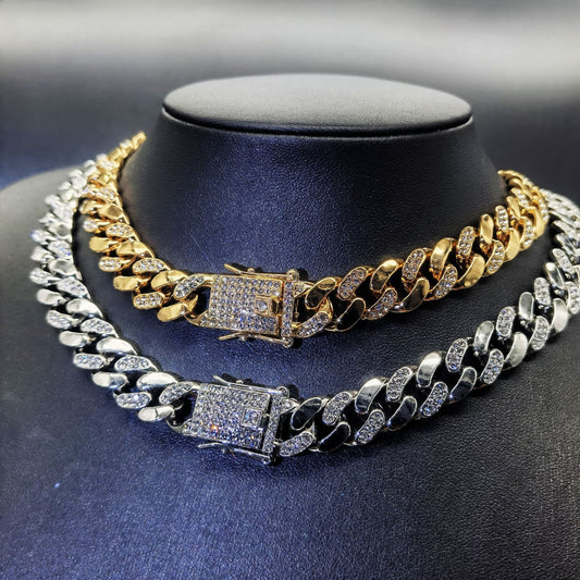 Women's & Men's Hipster Cuban Link Chain Diamond Interval Necklaces