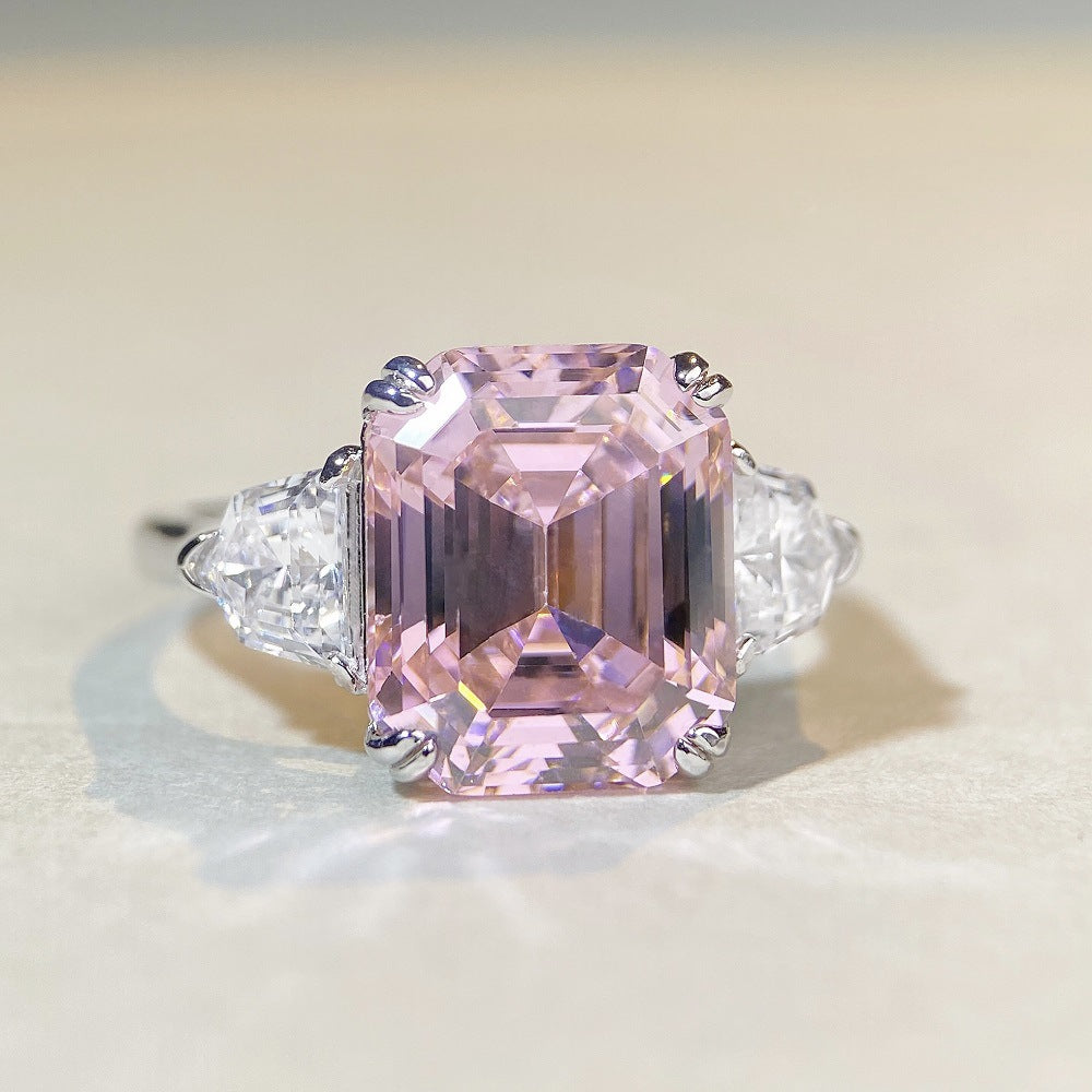 Women's Pink Zircon High Carbon Diamond Emerald Cut Rings