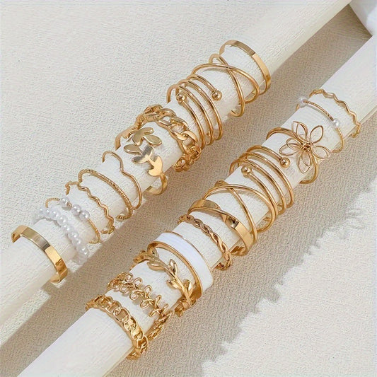 Butterfly Mixed Pearl Female Leaf Geometric Rings