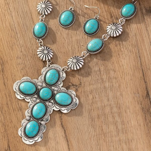 Retro Fashion Cross Turquoise Western Style Jewelry Set