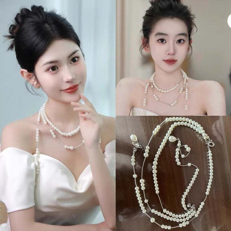 Women's Drop Tassel Pearl Double Layer Temperament Clavicle Chain Necklaces