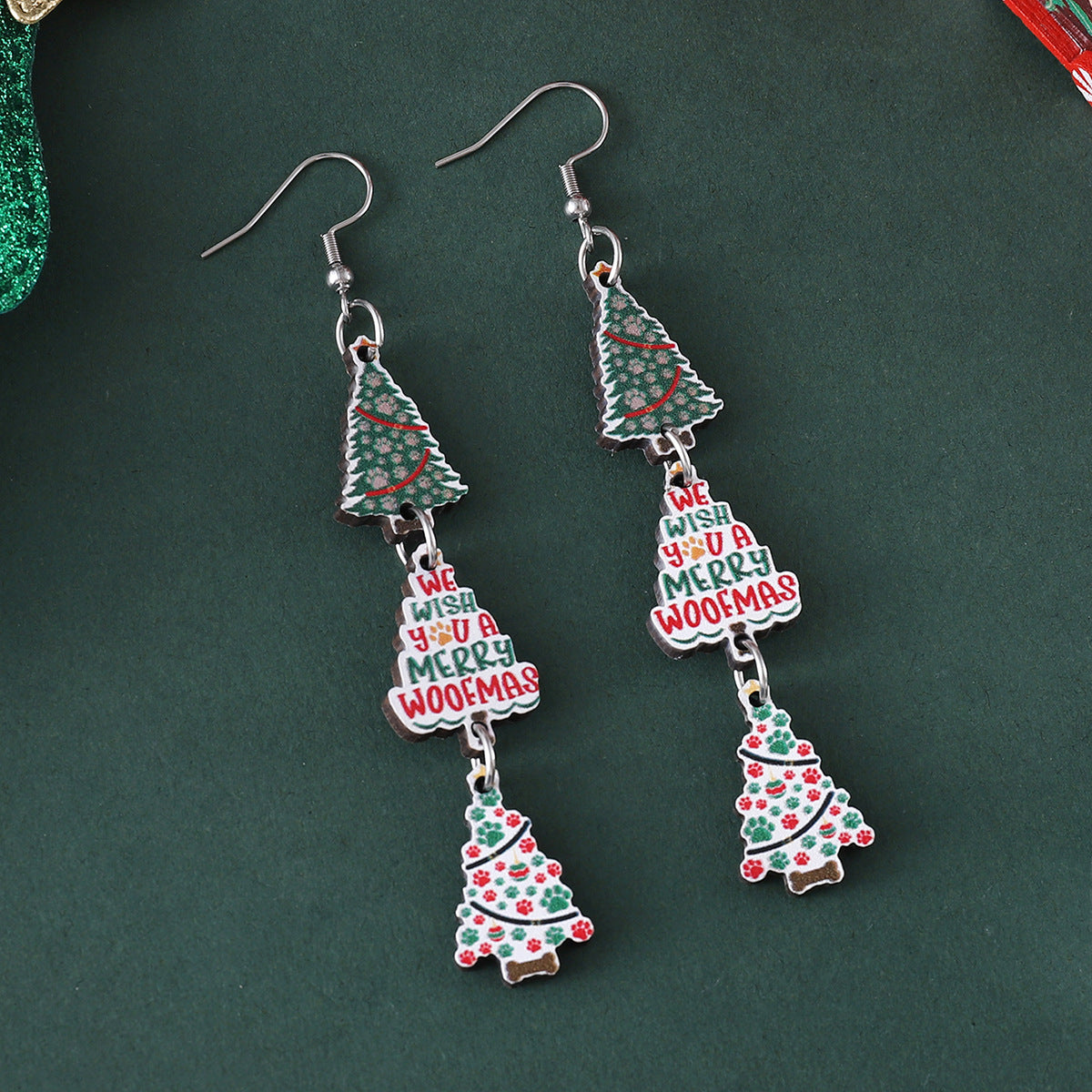 Christmas Colorful Dog's Paw Tree Plaid Earrings