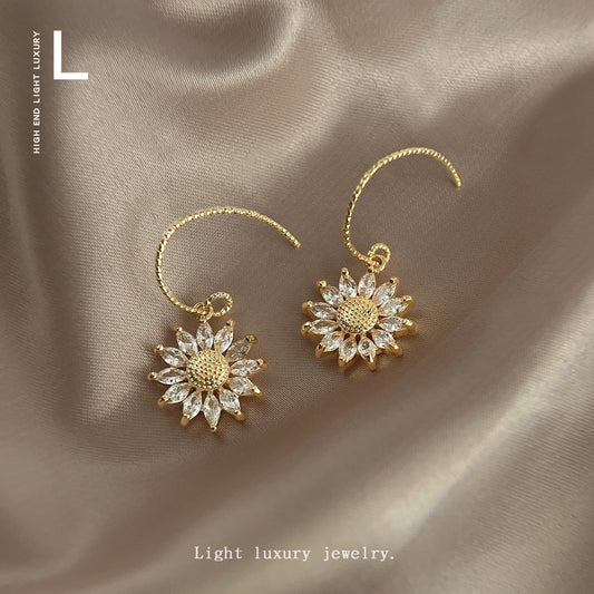 Micro Inlaid Zircon Sunflower Elegant Plated Simple Earrings