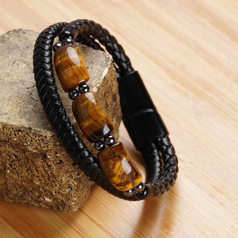 Woven Double Layer Tigereye Head Cattlehide Bracelets