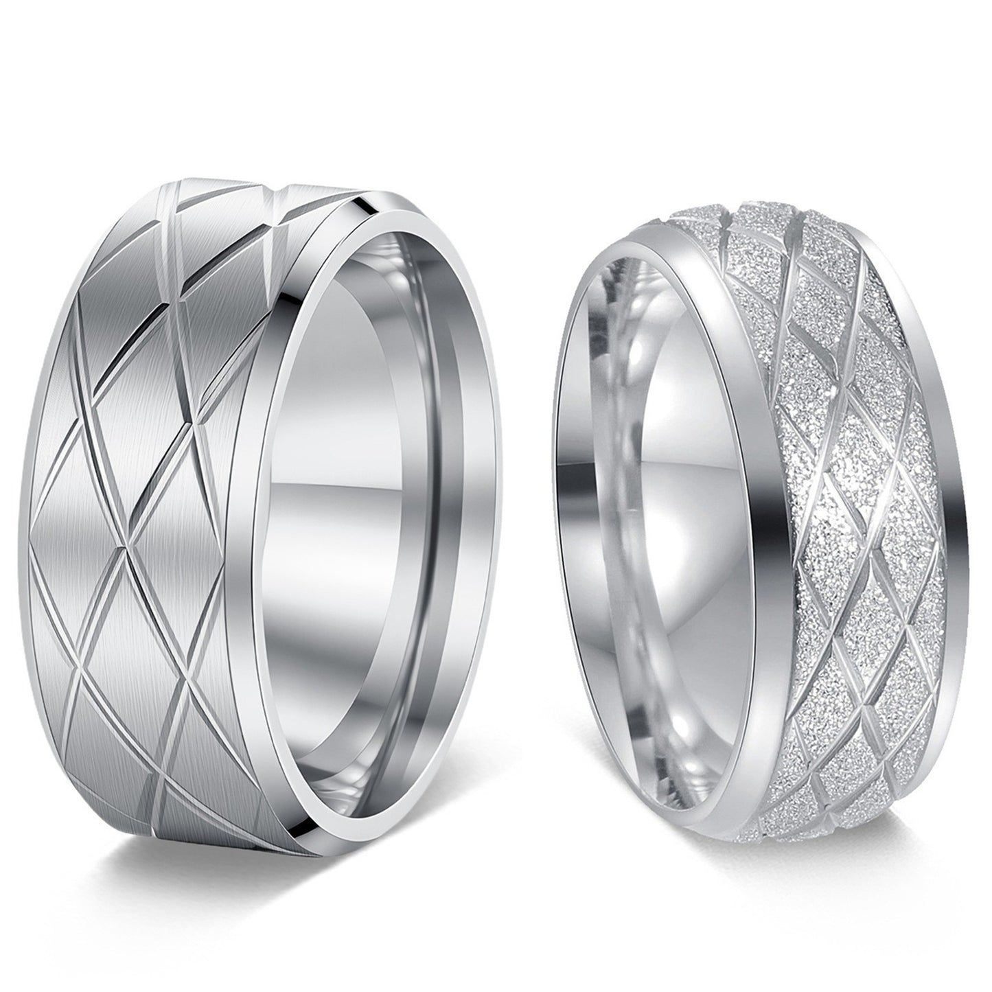 Diamond Plaid Line Frosted Couple Titanium Rings