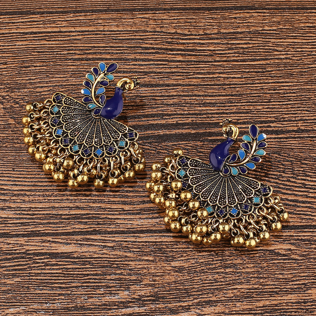 Indian Style Peacock Bell Dripping Oil Metal Alloy Ornament Earrings