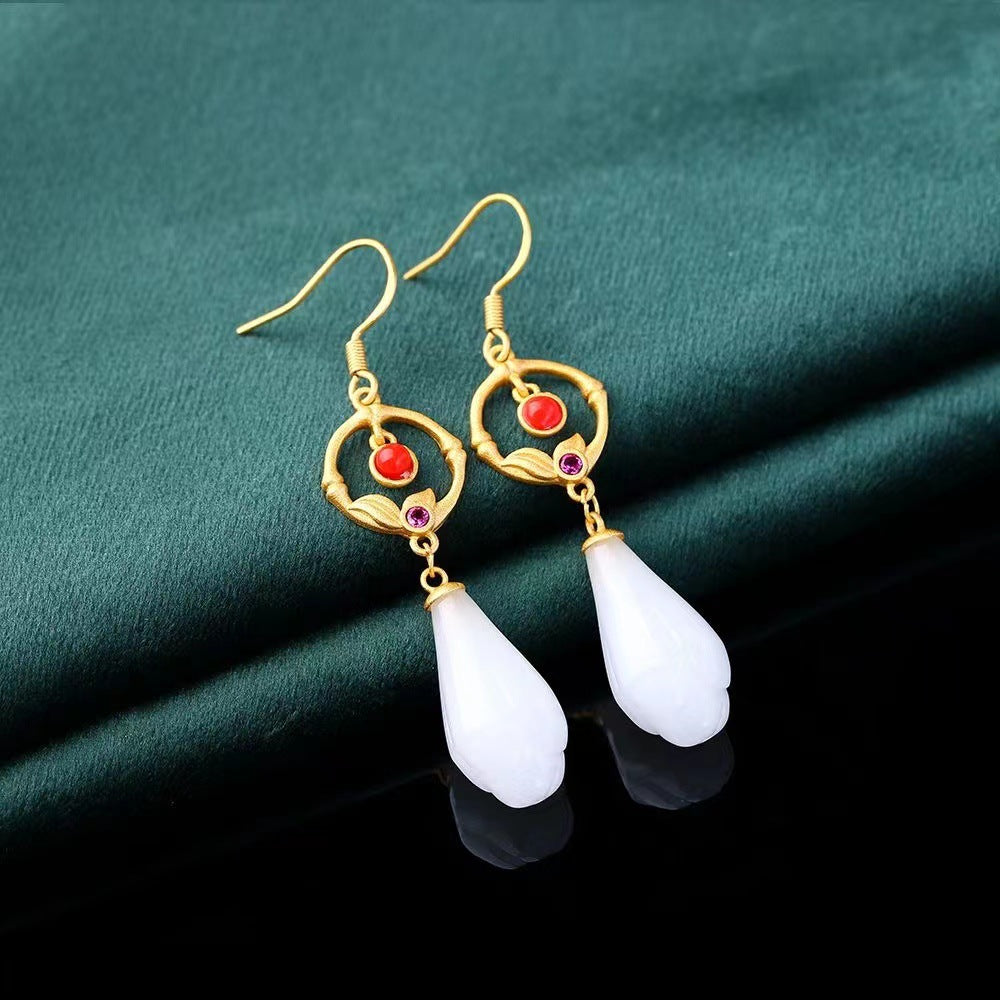 Imitation Jade Epoxy Magnolia National Style Earrings