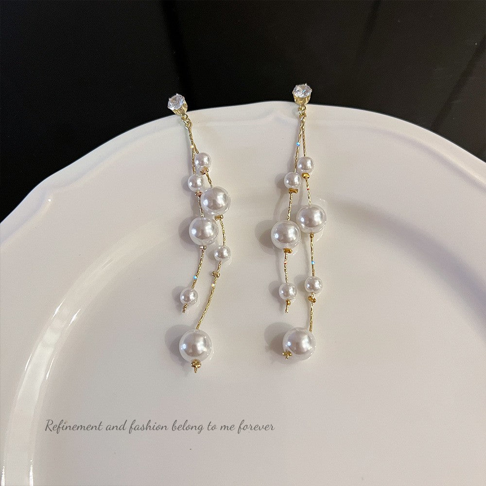 Style Long Fringed Pearl Sier Needle Earrings