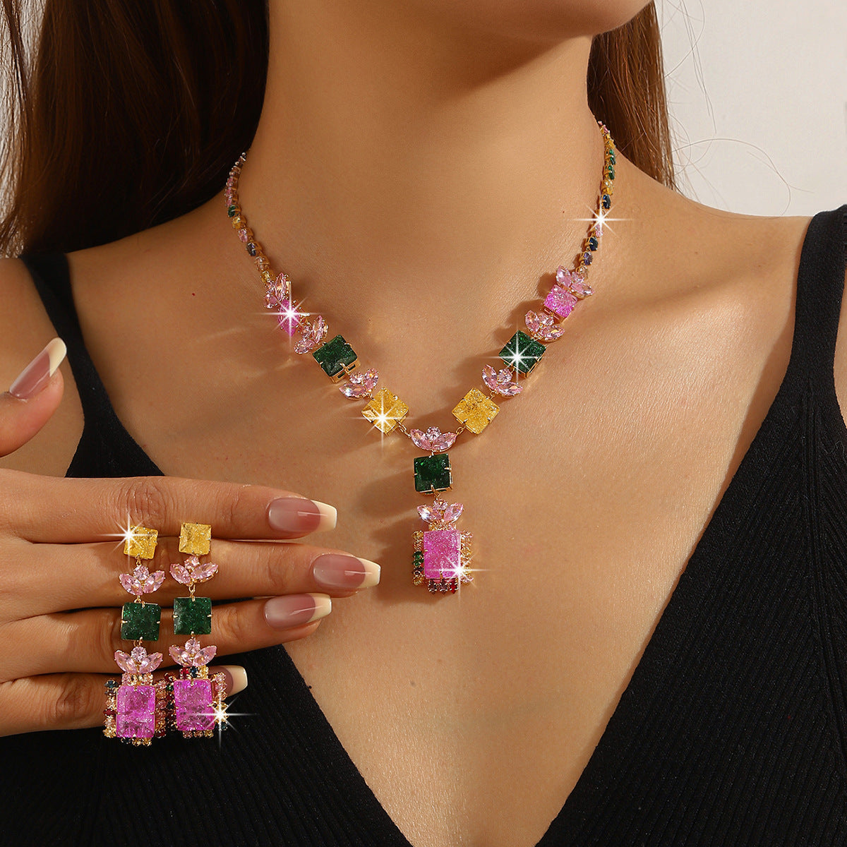 Colorful Palace Style Zircon Light Luxury High Sense Bride Earrings