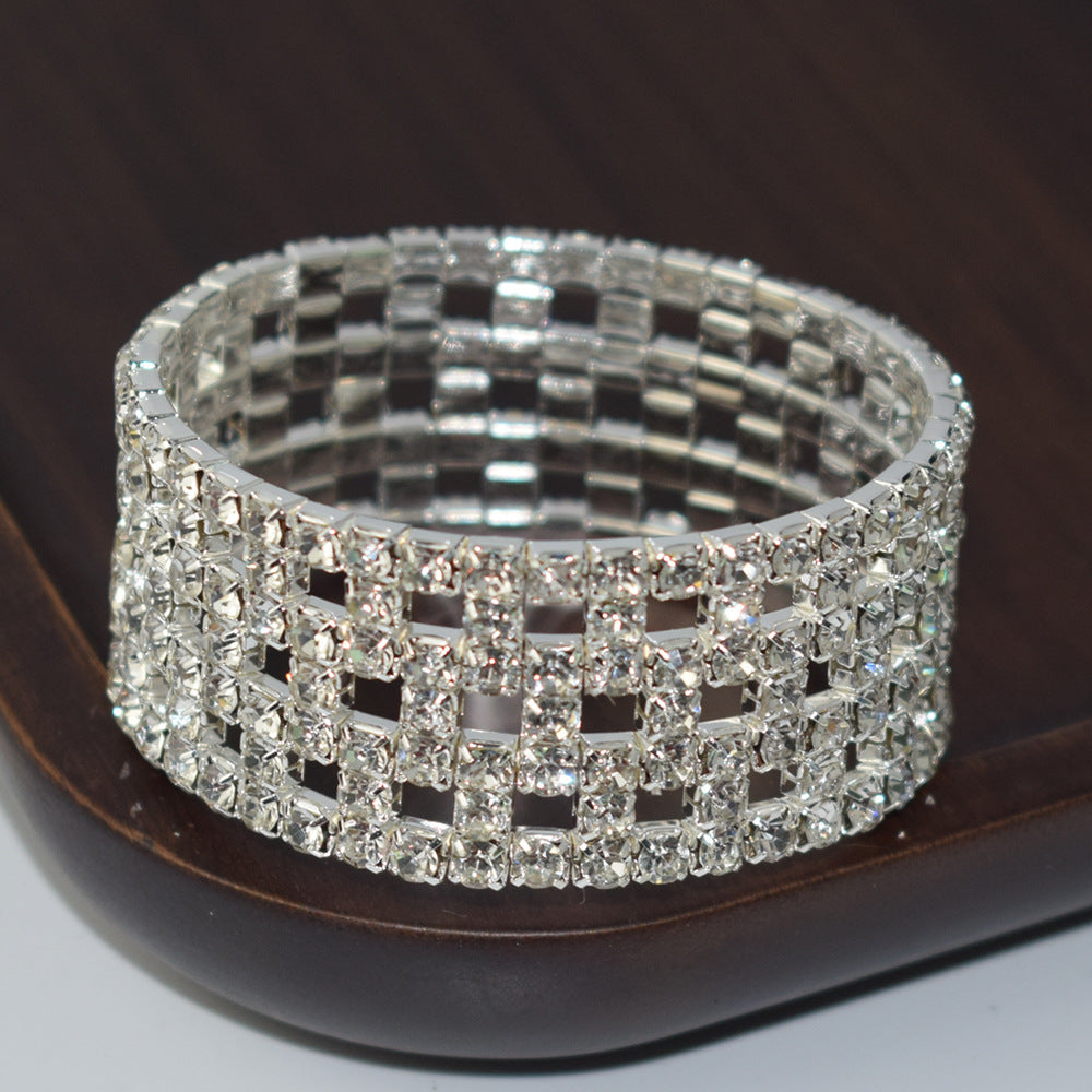 Elastic Hollow Rubber Band Full Rhinestone Exaggerated Wide Bangle Bracelets