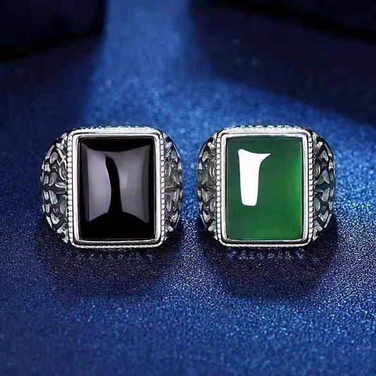 Men's Sier Emerald Retro Hollow Open Mouth Rings