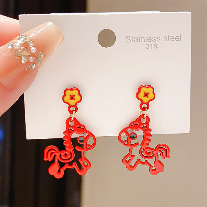 Women's Sier Needle Zircon Life Red Pony Light Luxury Earrings