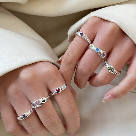 Women's Colorful Heart-shaped Zircon Style Combination Niche High Rings