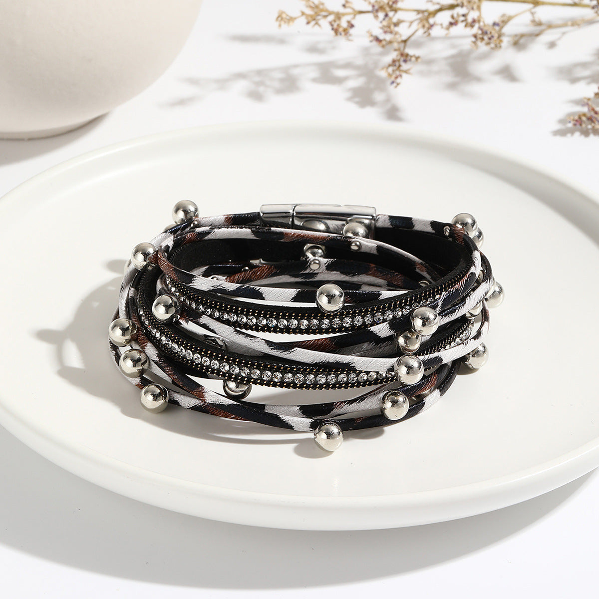 Women's Popular Two-circle Beaded Leather Fashion Magnetic Bracelets