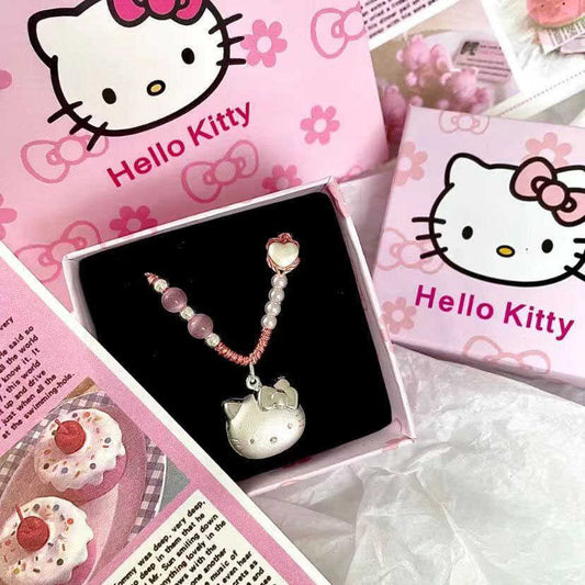 Cat Head Peach Blossom Braid Rope Hello Kitty Necklaces