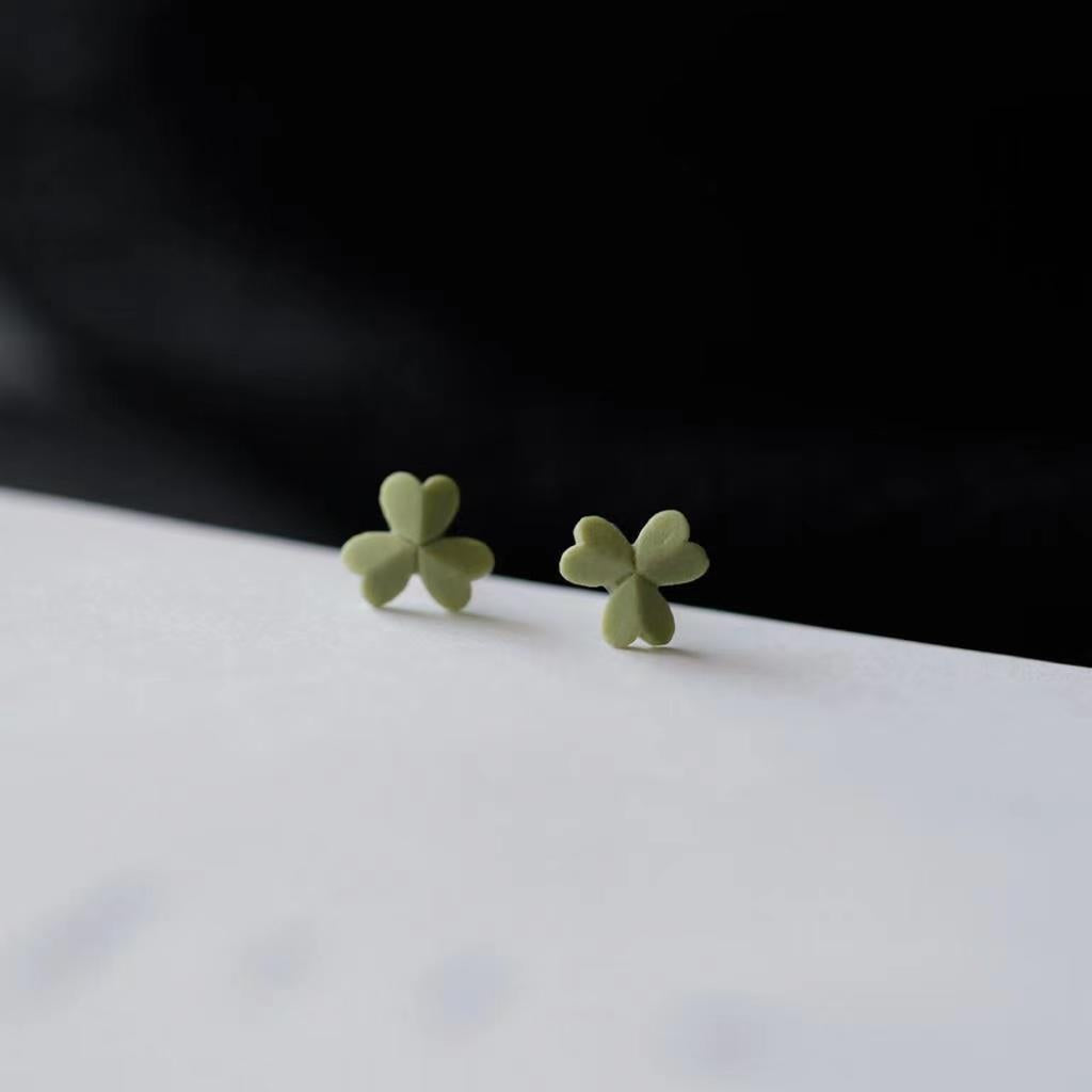 Sier Needle Mori Style Grass Green Clover Element Fresh Cute Stud Earrings