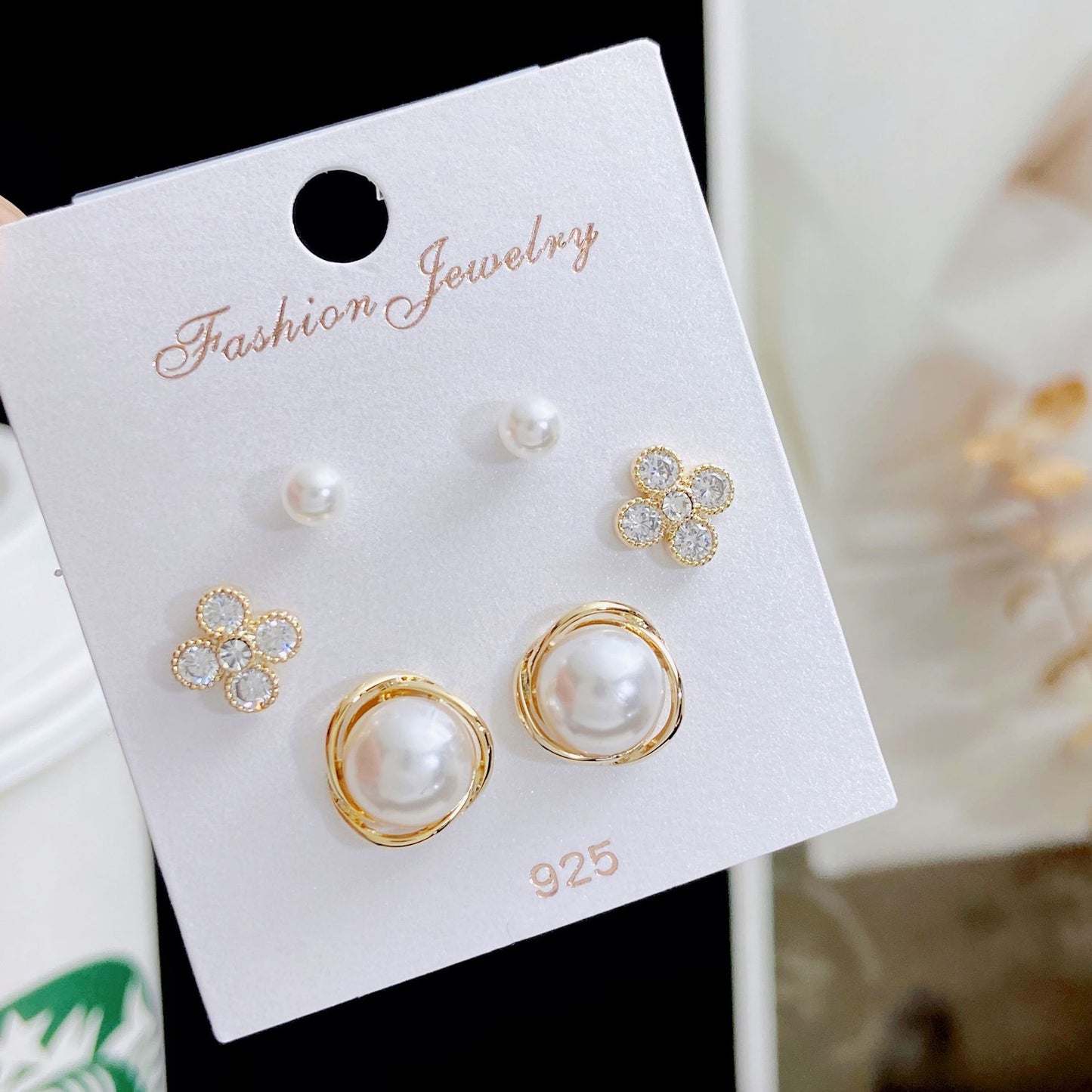 Women's Rhinestone Pearl Three Pairs Storage Ear Earrings