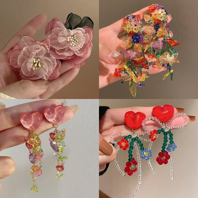 Needle Net Yarn Flowers Vintage Little Earrings