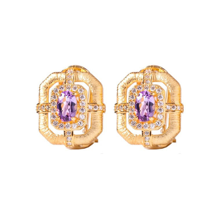 Women's Vintage Italian Brushed Craft Real Gold Plating Luxury Purple Earrings