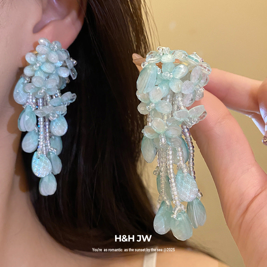 Tea Sweet Pink Flower Beaded Tassel Rings