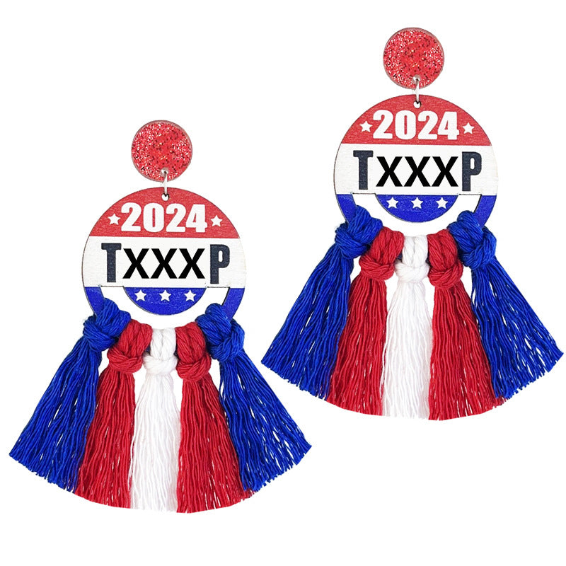 Classic Patriotic Ornament Supporter Wooden Tassel Earrings