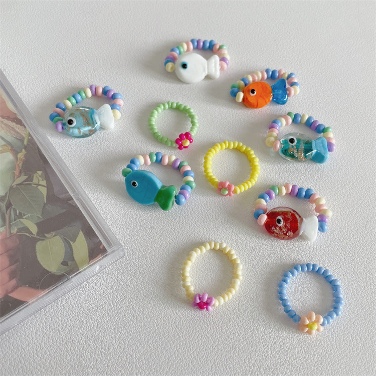 Color Oil Painting Bead Cute Fish Sweet Rings