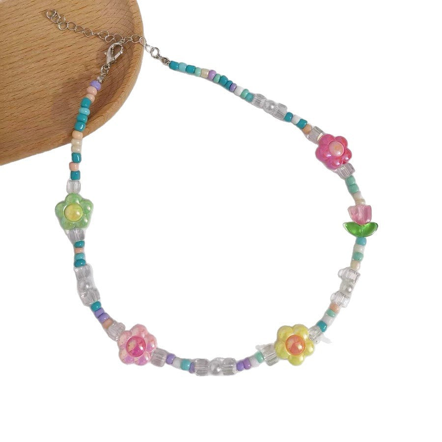 Children's Tulip Color Flower Crystal Beaded Clavicle Necklaces