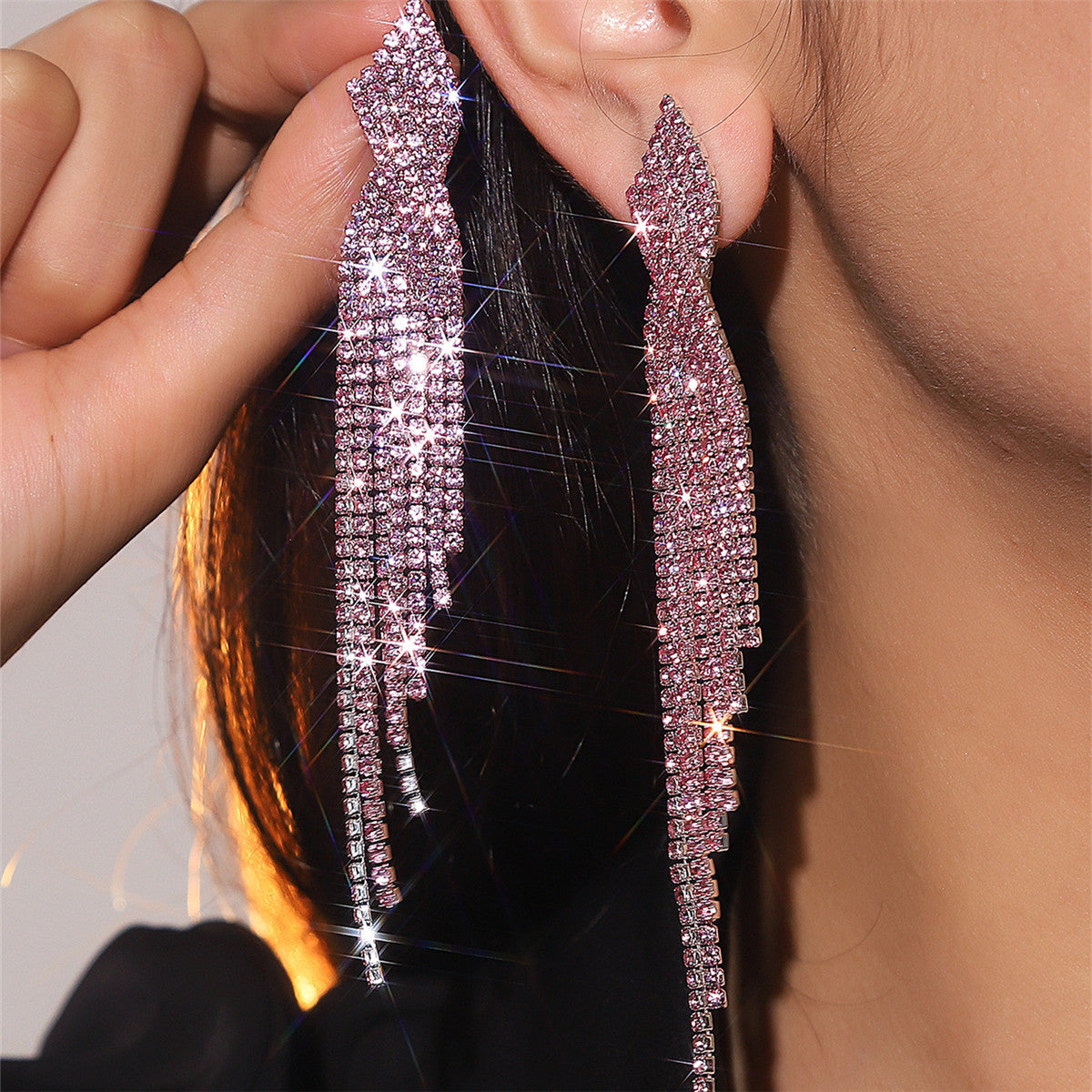 Sparkling Full Rhinestone Long Fringe Female Earrings