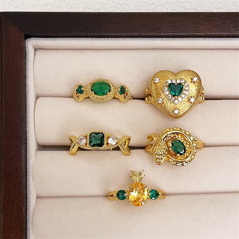 Emerald Zircon Colored Gems Open Golden Rings