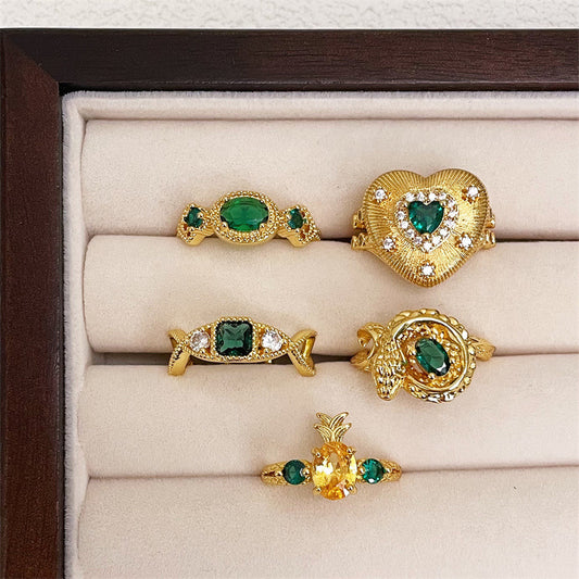Emerald Zircon Colored Gems Open Golden Rings