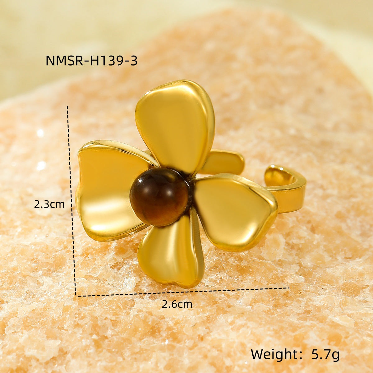 Stainless Steel Flower Inlaid Natural Stone Exquisite Design Open Rings