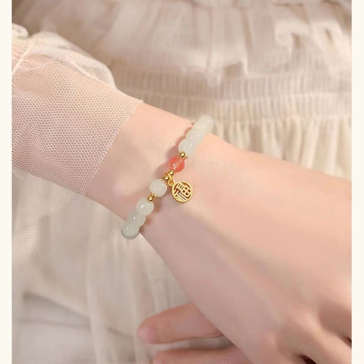 Women's Buckle Imitation Jade Crystal String Beads Flower Bracelets