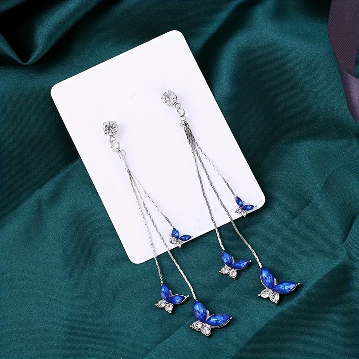 Sier Needle Crystal Butterfly Elegant Long Fringe Female Earrings