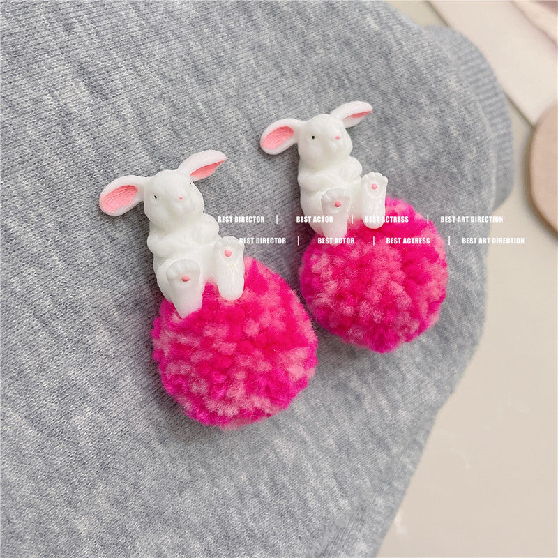Women's Flocking Sier Needle Small Cute Rabbit Earrings